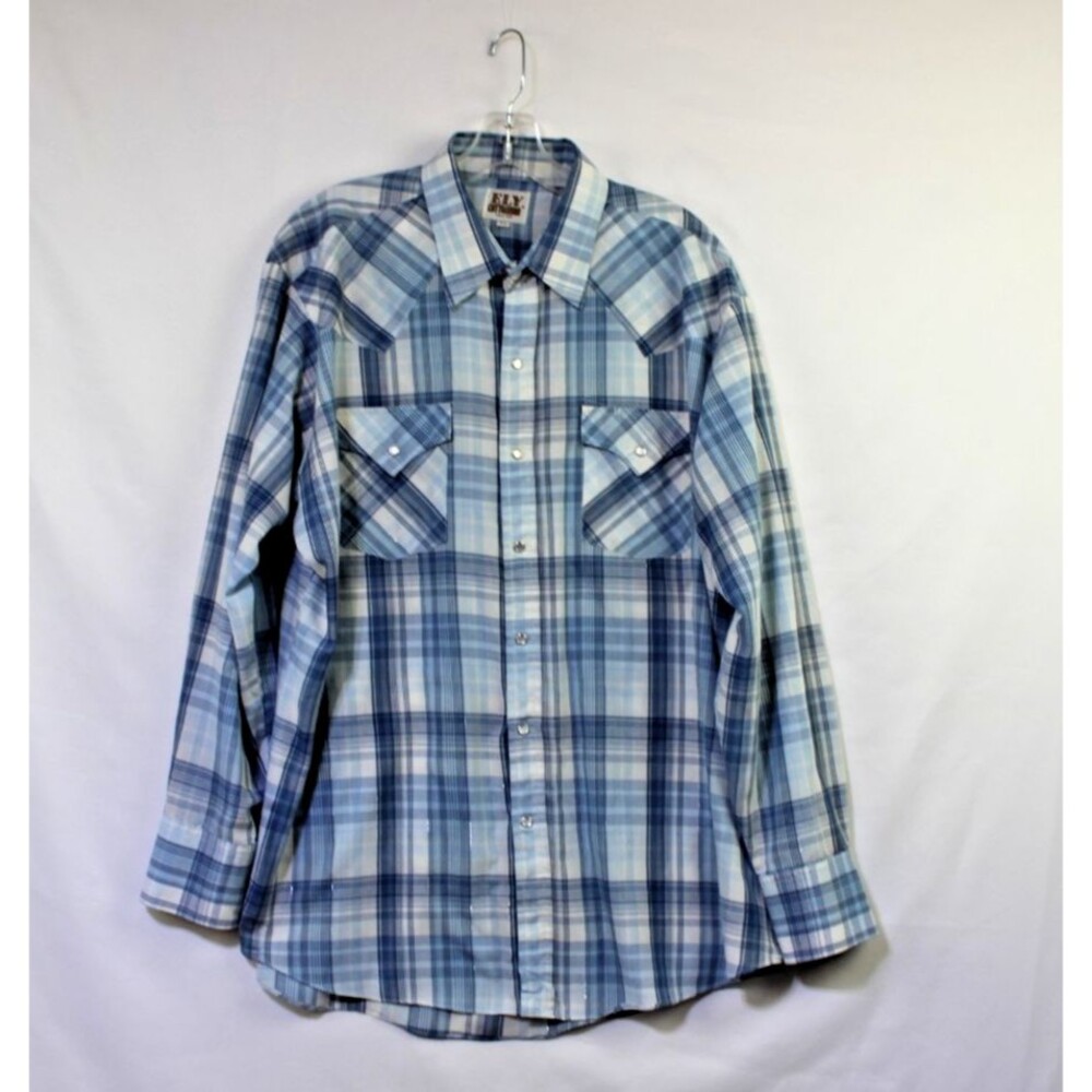 Ely Cattleman Pearl Snap Shirt Mens X- Large Blue Plaid Cowboy Western